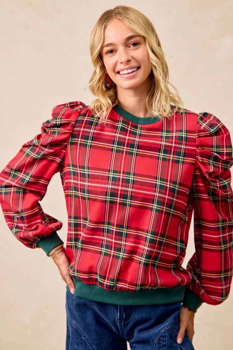 BiBi Christmas Plaid Exaggerated Shoulder Sleeves Top - Trendsi - Flyclothing LLC