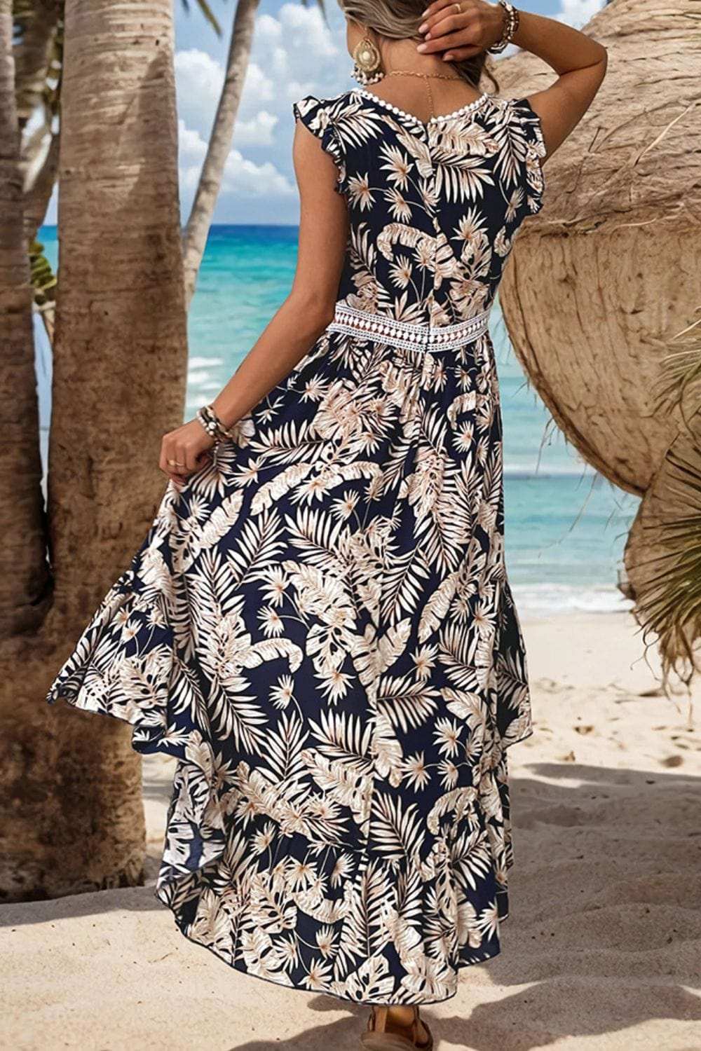 High-Low Printed V-Neck Cap Sleeve Midi Dress - Trendsi - Flyclothing LLC