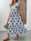 Printed V-Neck Cap Sleeve Dress - Trendsi - Flyclothing LLC