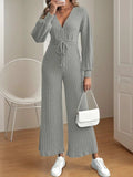 V-Neck Long Sleeve Wide Leg Jumpsuit - Trendsi - Flyclothing LLC