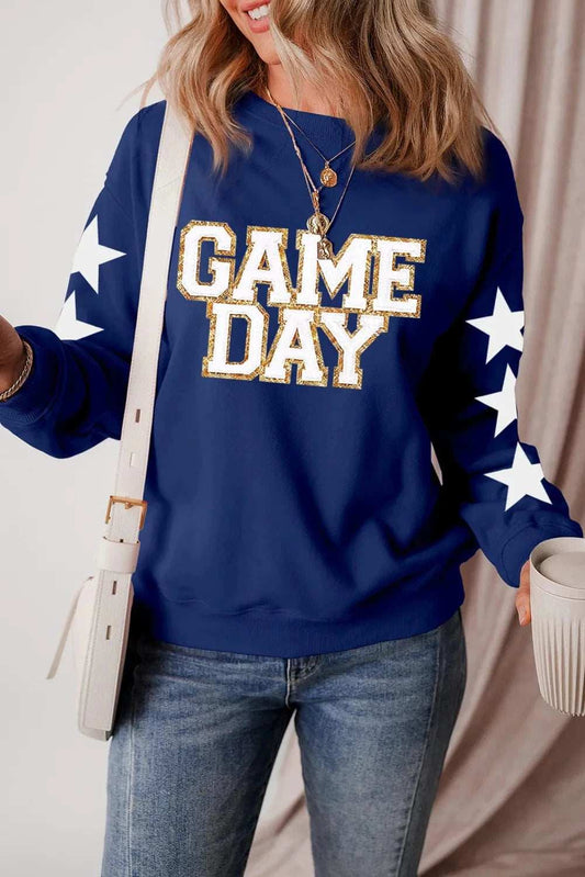 GAME DAY Star Round Neck Long Sleeve Sweatshirt - Trendsi - Flyclothing LLC