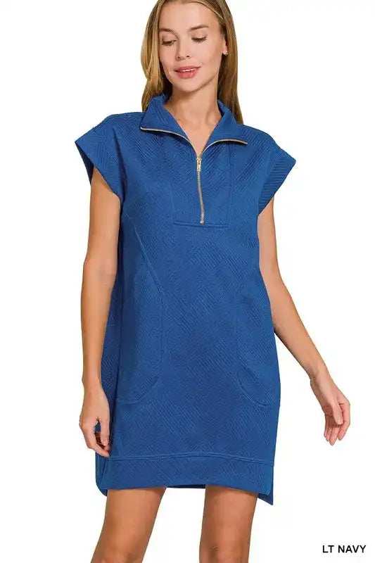 Zenana Textured Knit Jacquard Quarter Zipper Mini Dress - Trendsi - Flyclothing LLC