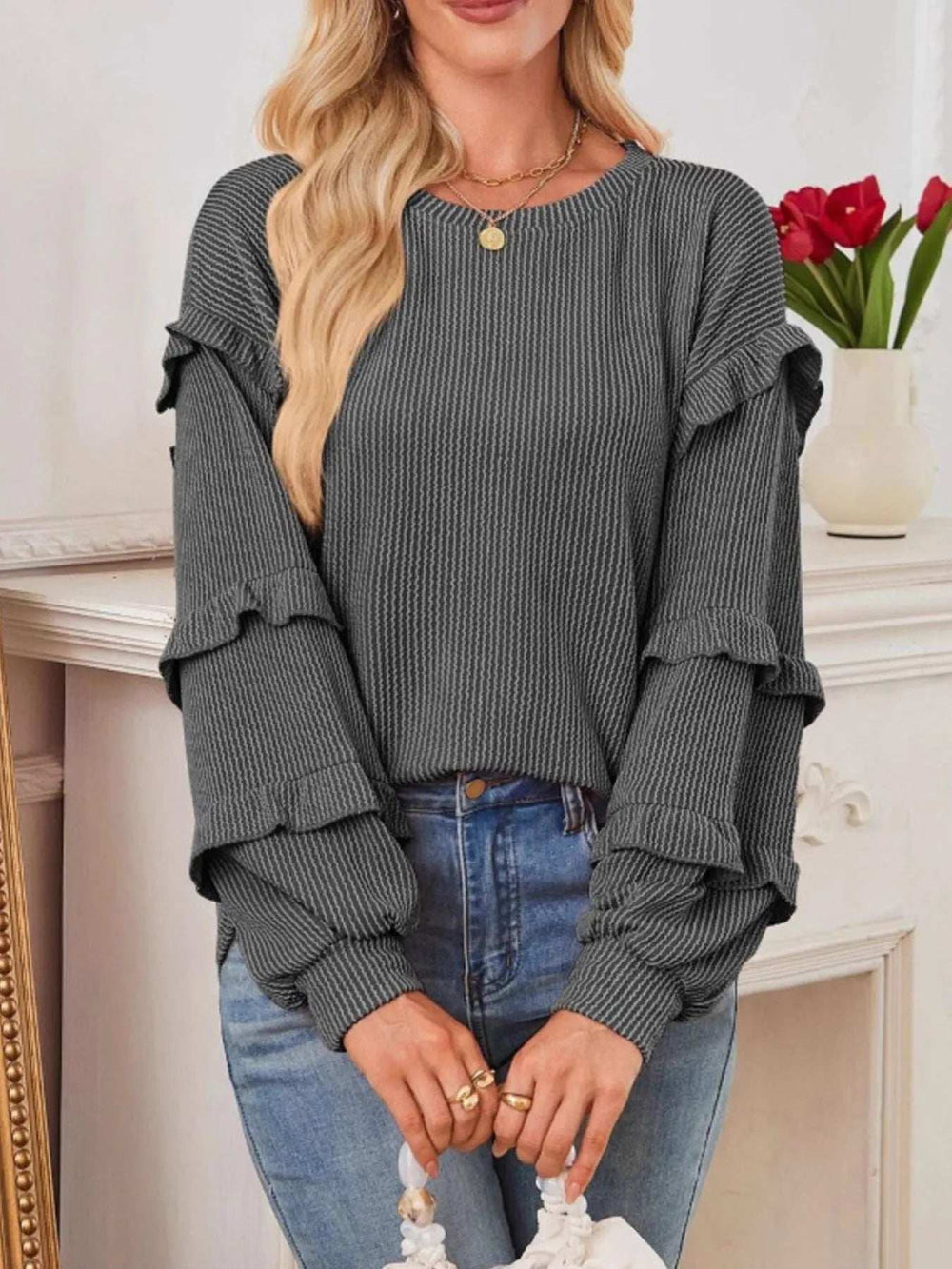 Ruffled Round Neck Long Sleeve Sweatshirt - Trendsi - Flyclothing LLC