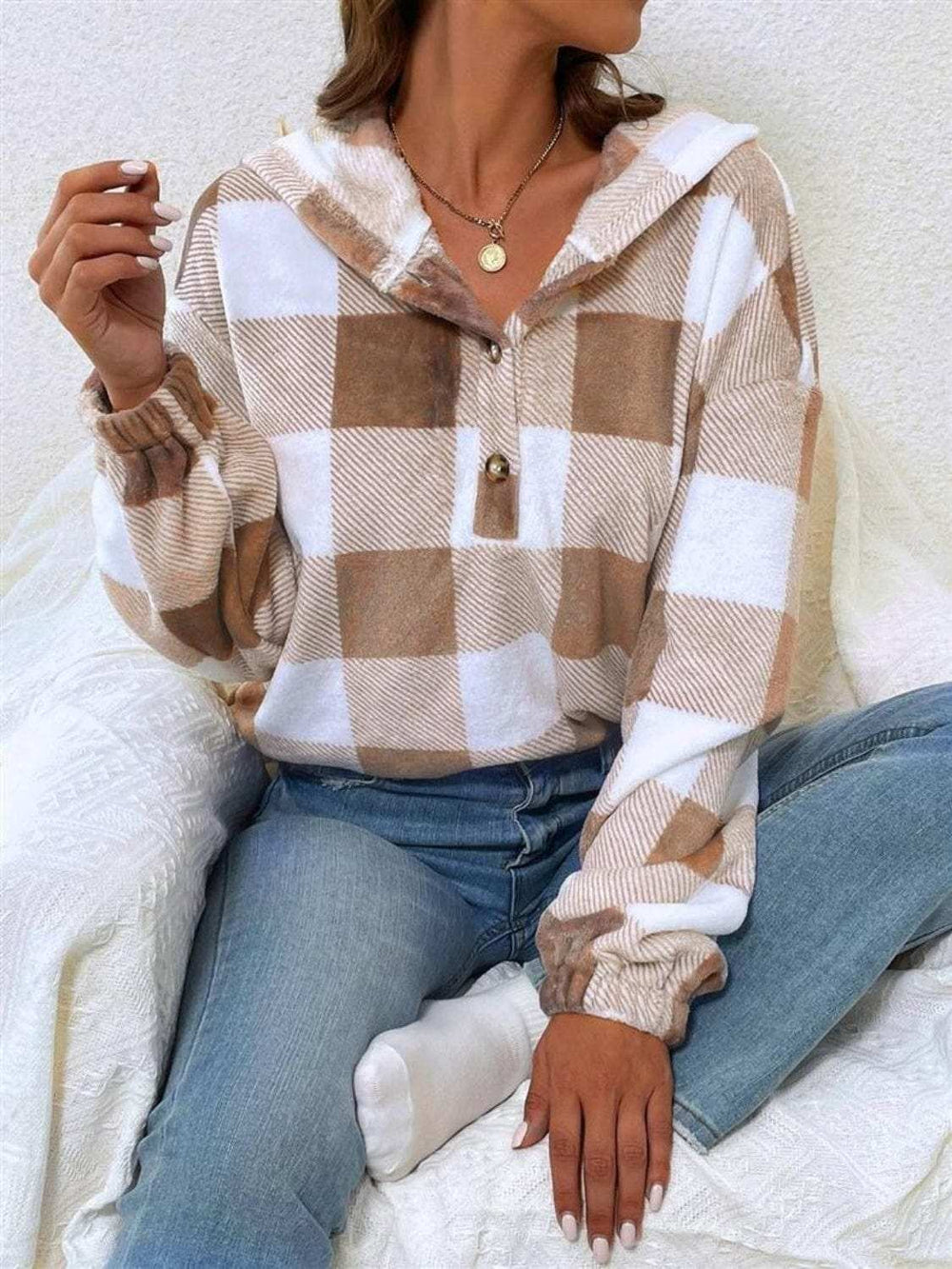 Plaid Half Button Long Sleeve Hoodie - Trendsi - Flyclothing LLC