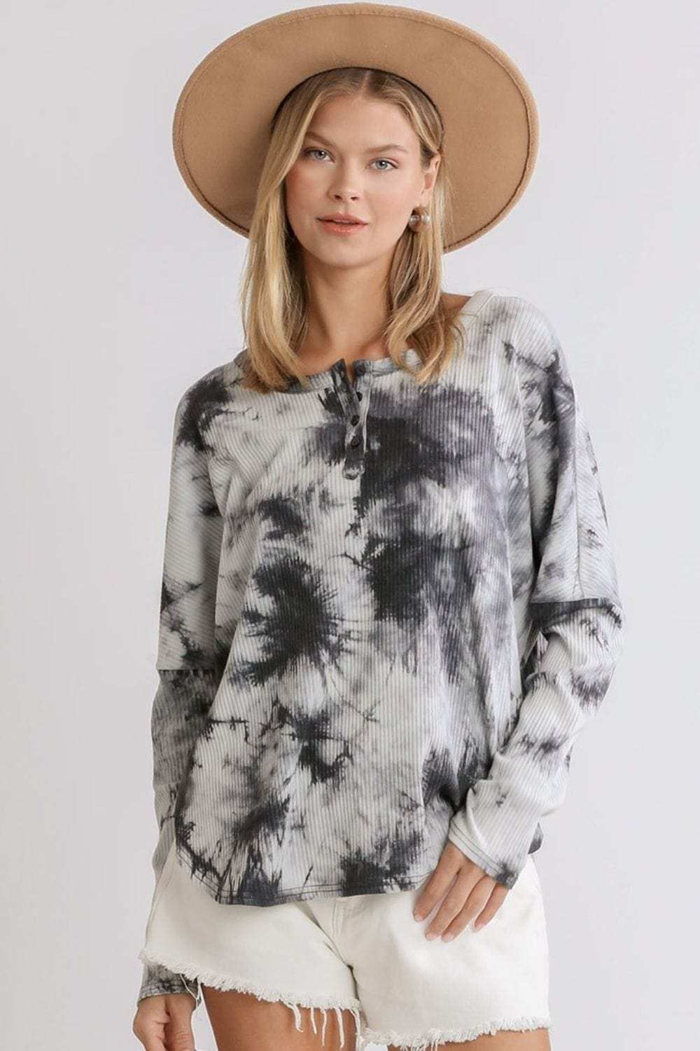 Umgee Full Size Tie Dye Round Neck Ribbed Button Front Top Plus Size - Trendsi - Flyclothing LLC