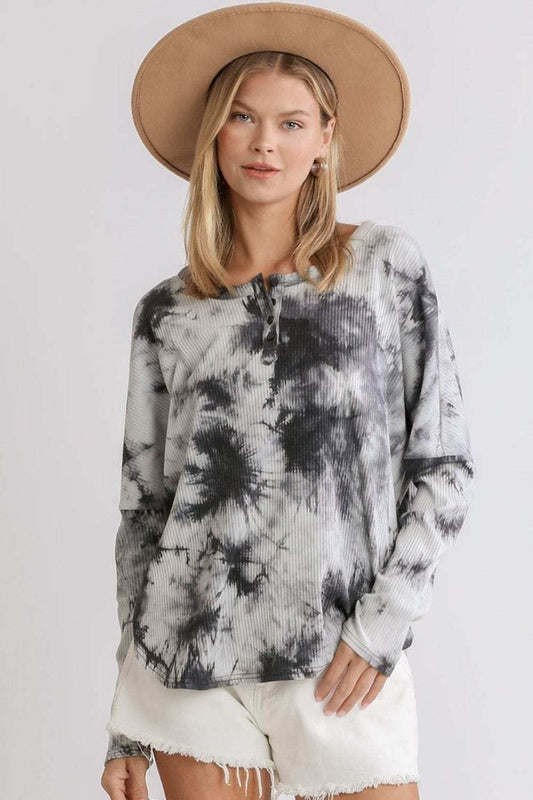Umgee Full Size Tie Dye Round Neck Ribbed Button Front Top Plus Size - Trendsi - Flyclothing LLC