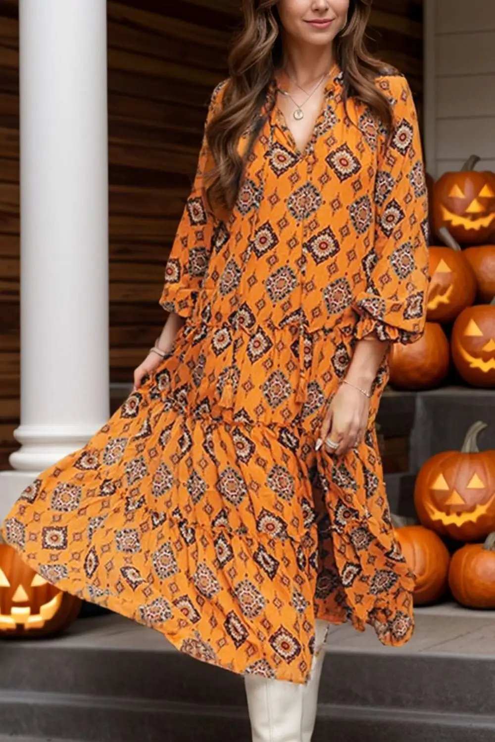 Frill Printed Tie Neck Long Sleeve Dress - Trendsi - Flyclothing LLC