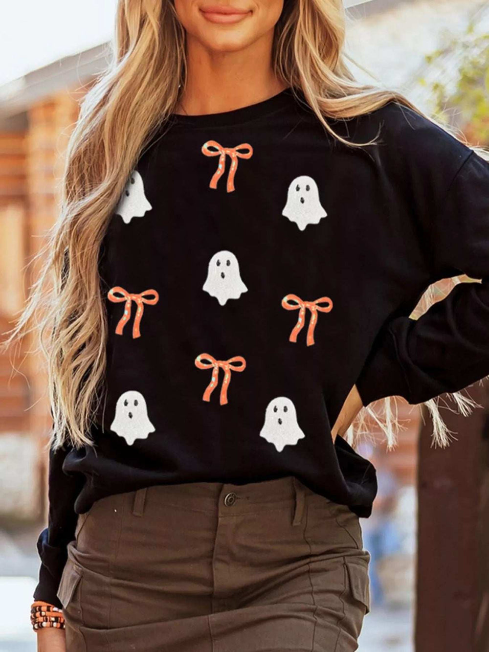 Halloween Ghost Bow Sequin Patched Drop Shoulder Sweatshirt - Trendsi - Flyclothing LLC
