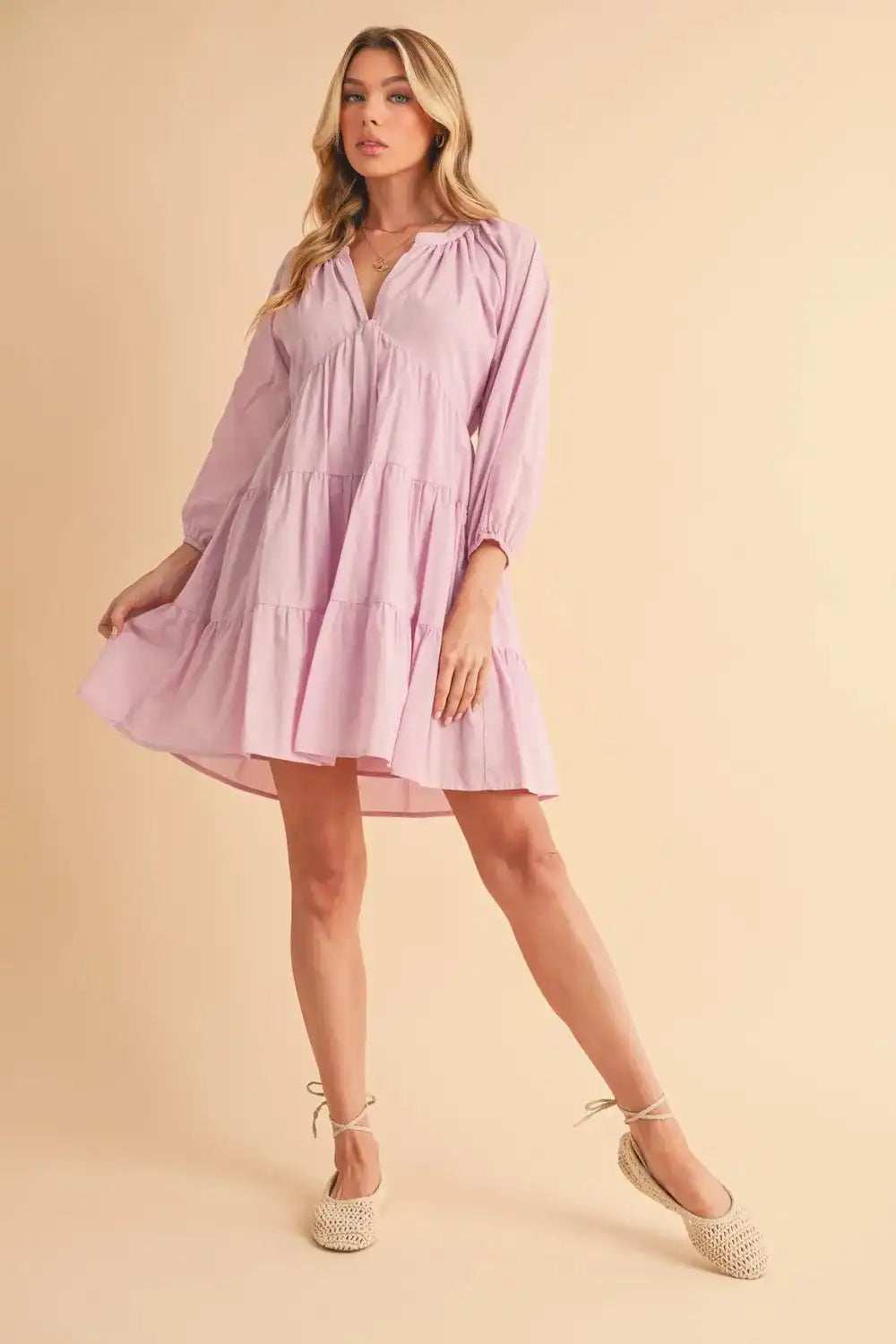 Aemi + Co Notched Balloon Sleeve Tiered Mini Dress - Trendsi - Flyclothing LLC
