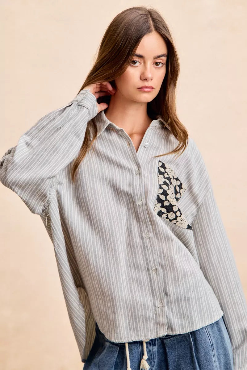BiBi Flower Jacquard Knit Patch Pocket Stripe Shirt - Trendsi - Flyclothing LLC