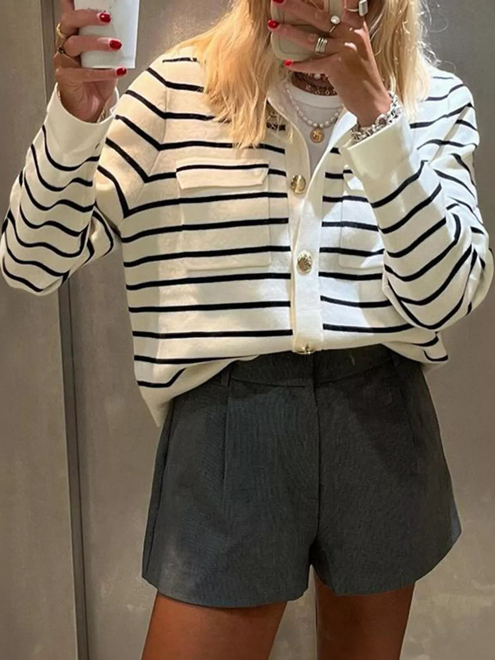 Striped Button-Down Knit Cardigan - Trendsi - Flyclothing LLC