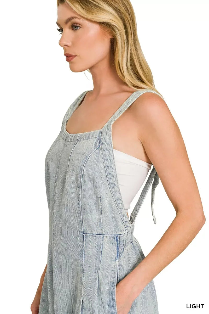 Zenana Denim Light Washed Wide Leg Overalls - Trendsi - Flyclothing LLC