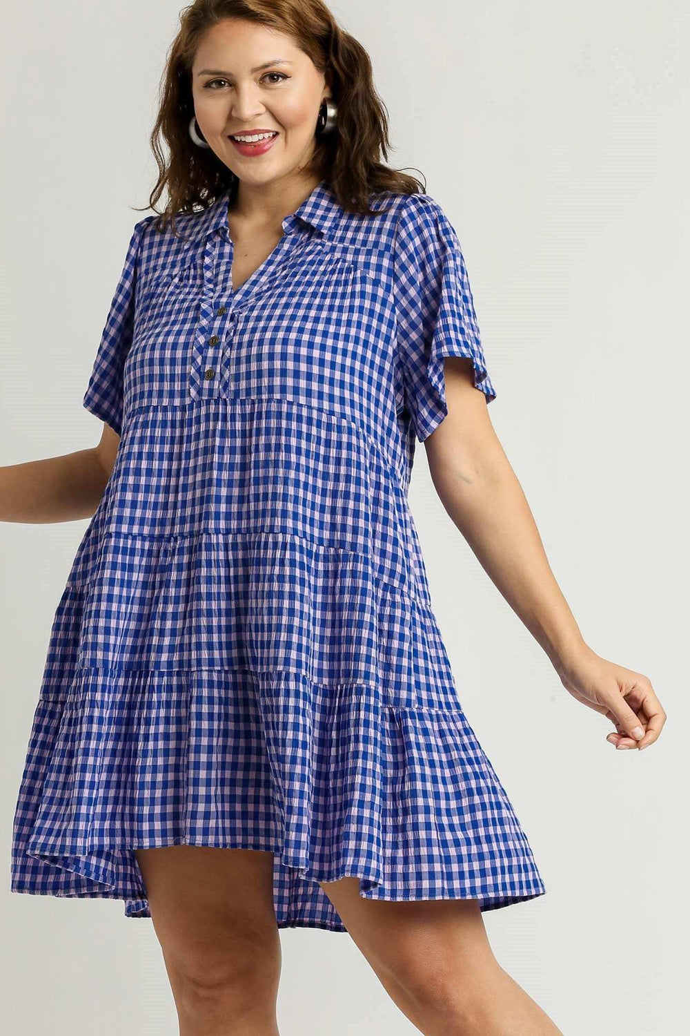 Umgee Full Size Gingham Tiered Button Detail Short Sleeve Dress Plus Size - Trendsi - Flyclothing LLC