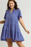 Umgee Full Size Gingham Tiered Button Detail Short Sleeve Dress Plus Size - Trendsi - Flyclothing LLC