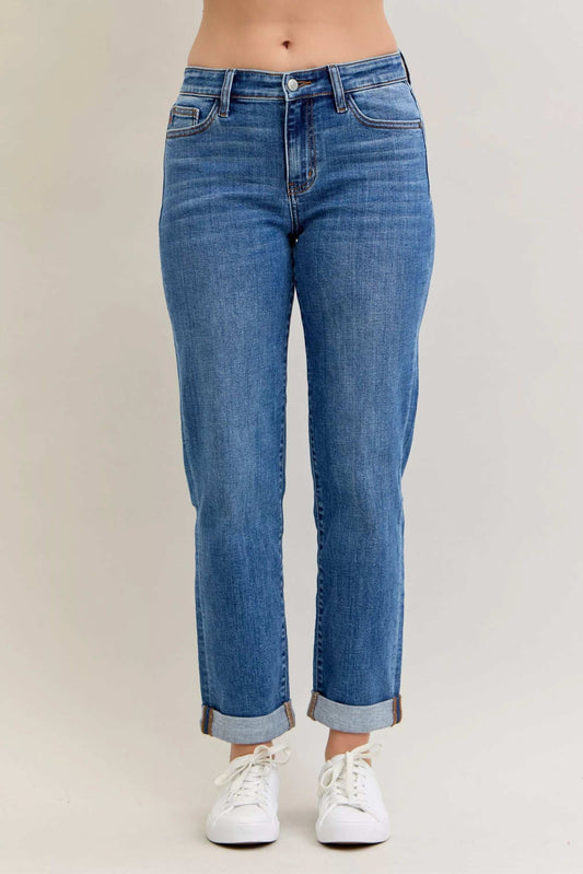 Judy Blue Full Size Mid Rise BF Classic Cuffed Jeans Plus Size - Trendsi - Flyclothing LLC