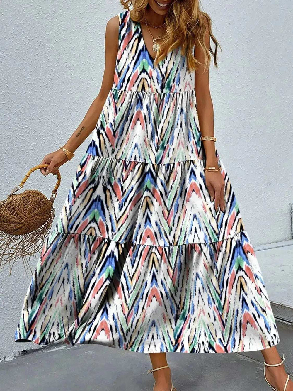 Printed V-Neck Tiered Maxi Tank Dress - Trendsi - Flyclothing LLC
