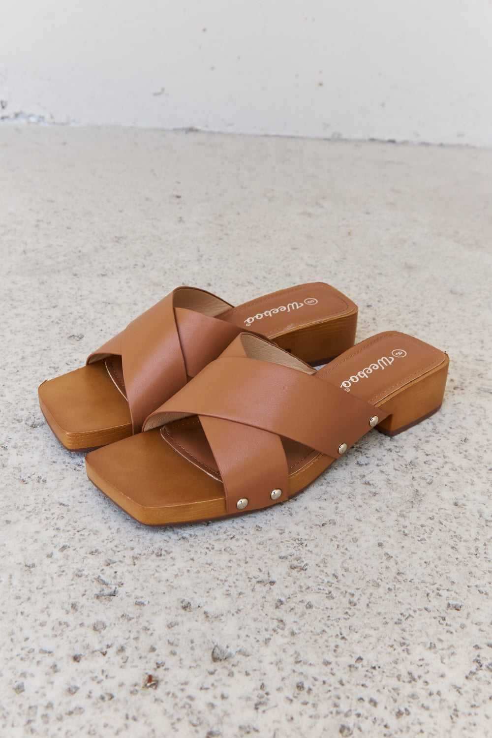 Weeboo Step Into Summer Criss Cross Wooden Clog Mule in Brown - Trendsi - Flyclothing LLC