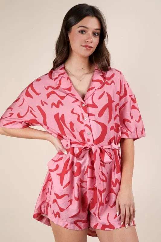 VERY J Oversized Printed Button Down Resort Romper - Trendsi - Flyclothing LLC