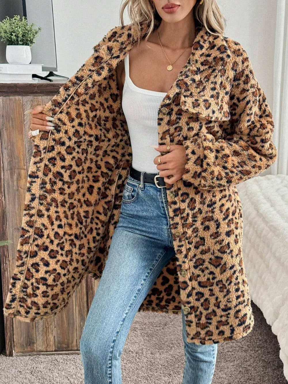 Leopard Button Up Long Sleeve Fuzzy Coat - Trendsi - Flyclothing LLC