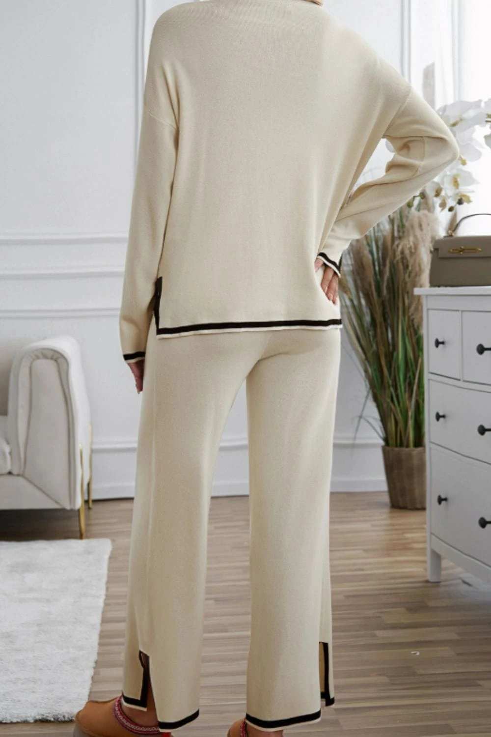 Contrast Trim Round Neck Top and Pants Sweater Set - Trendsi - Flyclothing LLC