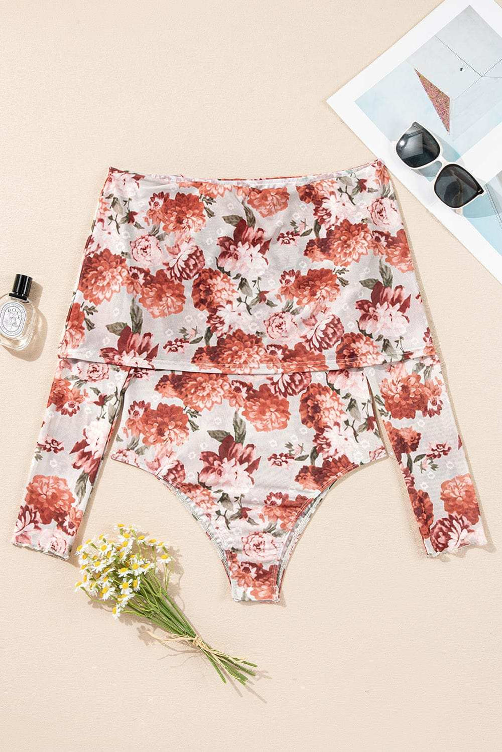 Floral Off-Shoulder Long Sleeve Bodysuit - Trendsi - Flyclothing LLC