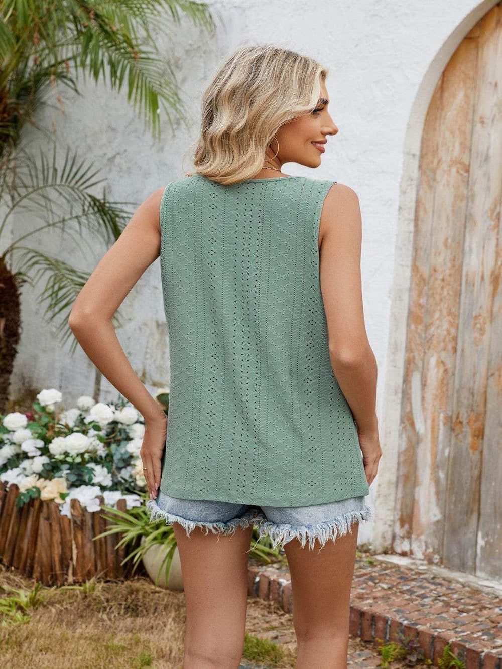 Eyelet Cutout Round Neck Tank - Trendsi - Flyclothing LLC