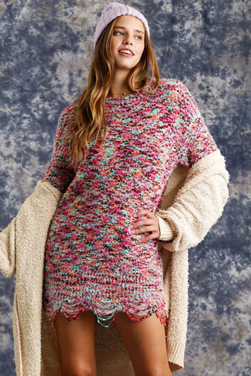 Umgee Full Size Distressed Hem Multicolored Round Neck Knit Tunic Dress Plus Size - Trendsi - Flyclothing LLC