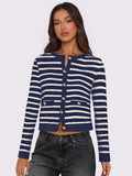 Striped Round Neck Button Up Long Sleeve Cardigan - Trendsi - Flyclothing LLC