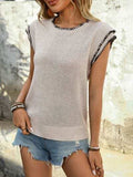 Perfee Contrast Trim Round Neck Cap Sleeve Knit Top - Trendsi - Flyclothing LLC