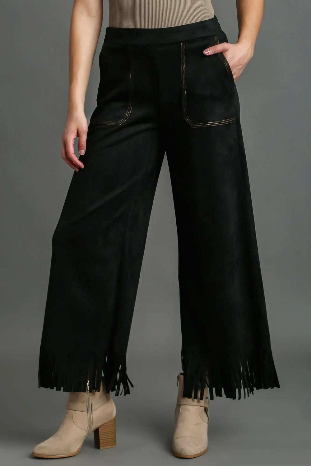 Umgee Full Size Suede Fringe Hem Wide Leg Pants Plus Size - Trendsi - Flyclothing LLC