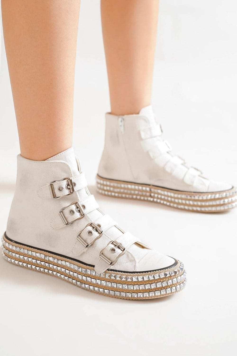 Beast Fashion Multi-Buckle Straps Studded Platform Sneakers - Trendsi - Flyclothing LLC