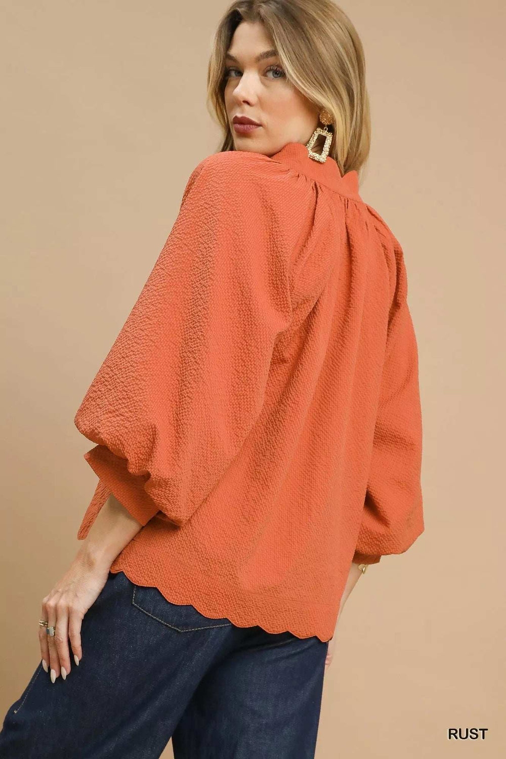Umgee Textured Notched Balloon Sleeve Blouse with Scalloped Hem - Trendsi - Flyclothing LLC