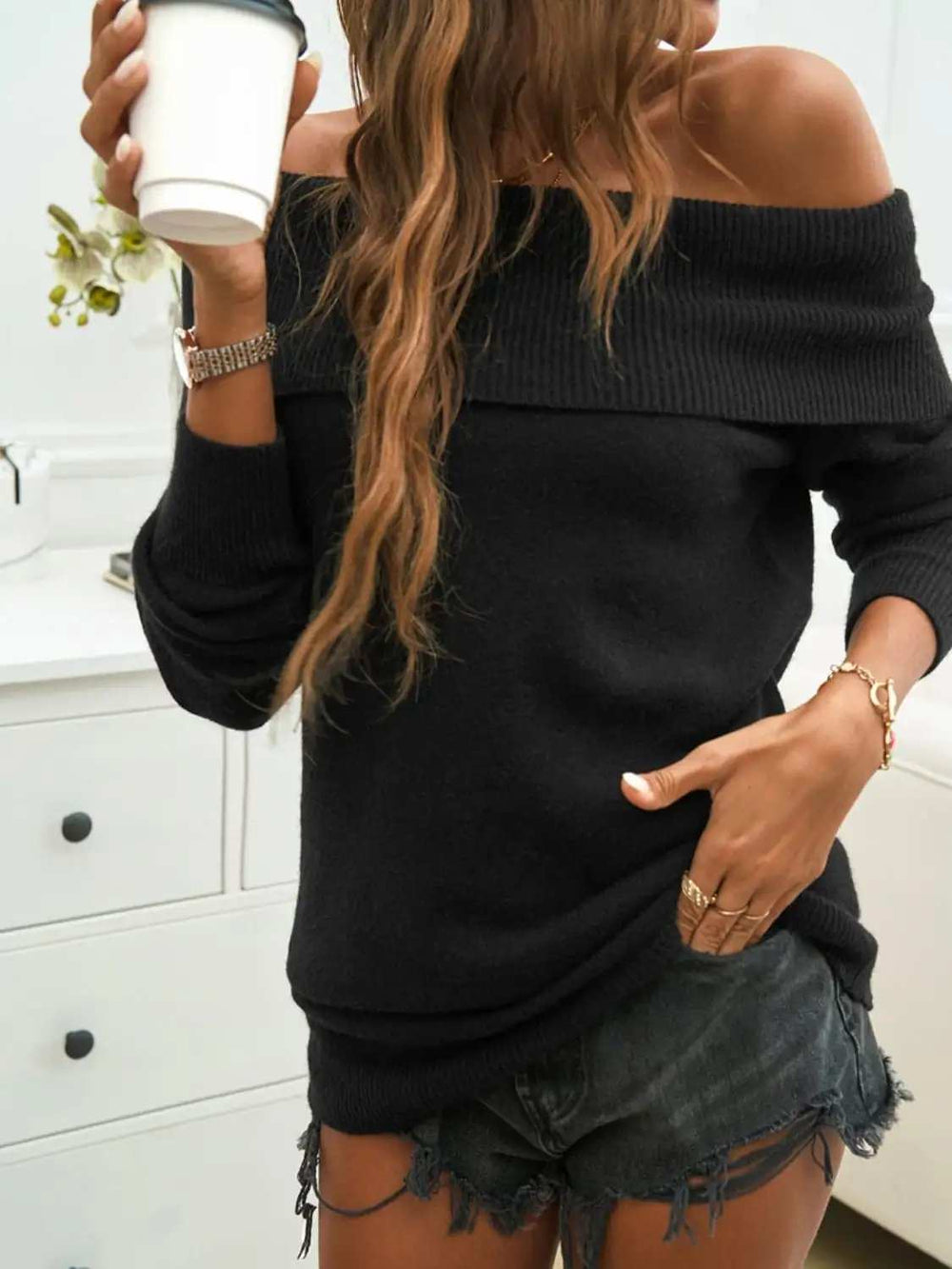 Off-Shoulder Long Sleeve Sweater - Trendsi - Flyclothing LLC