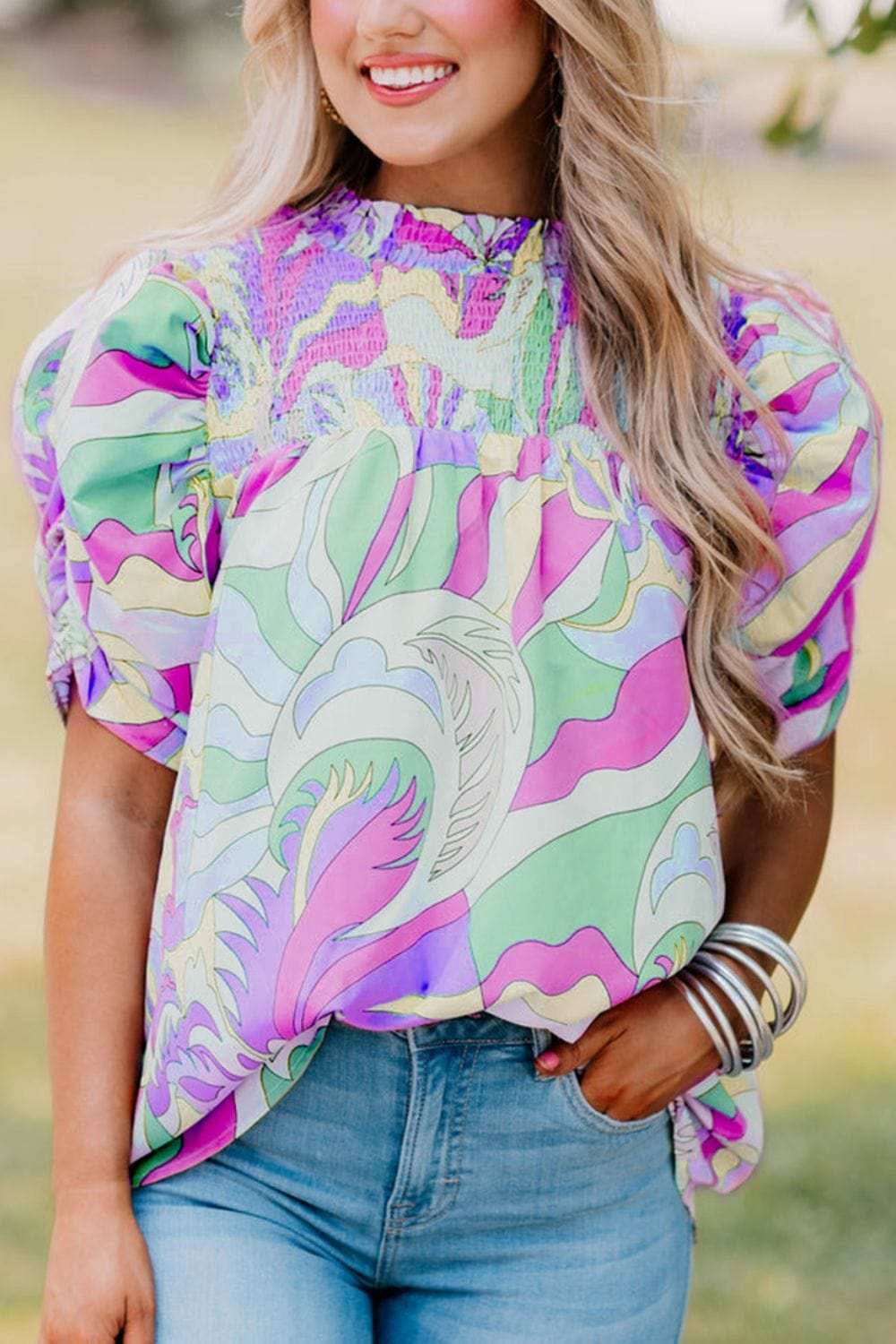 Smocked Round Neck Short Sleeve Blouse - Trendsi - Flyclothing LLC