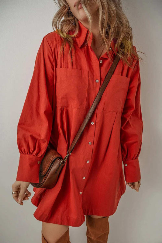 Pocketed Button Down Long Sleeve Shirt Dress - Trendsi - Flyclothing LLC