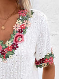 Eyelet Embroidered V-Neck Short Sleeve Blouse - Trendsi - Flyclothing LLC