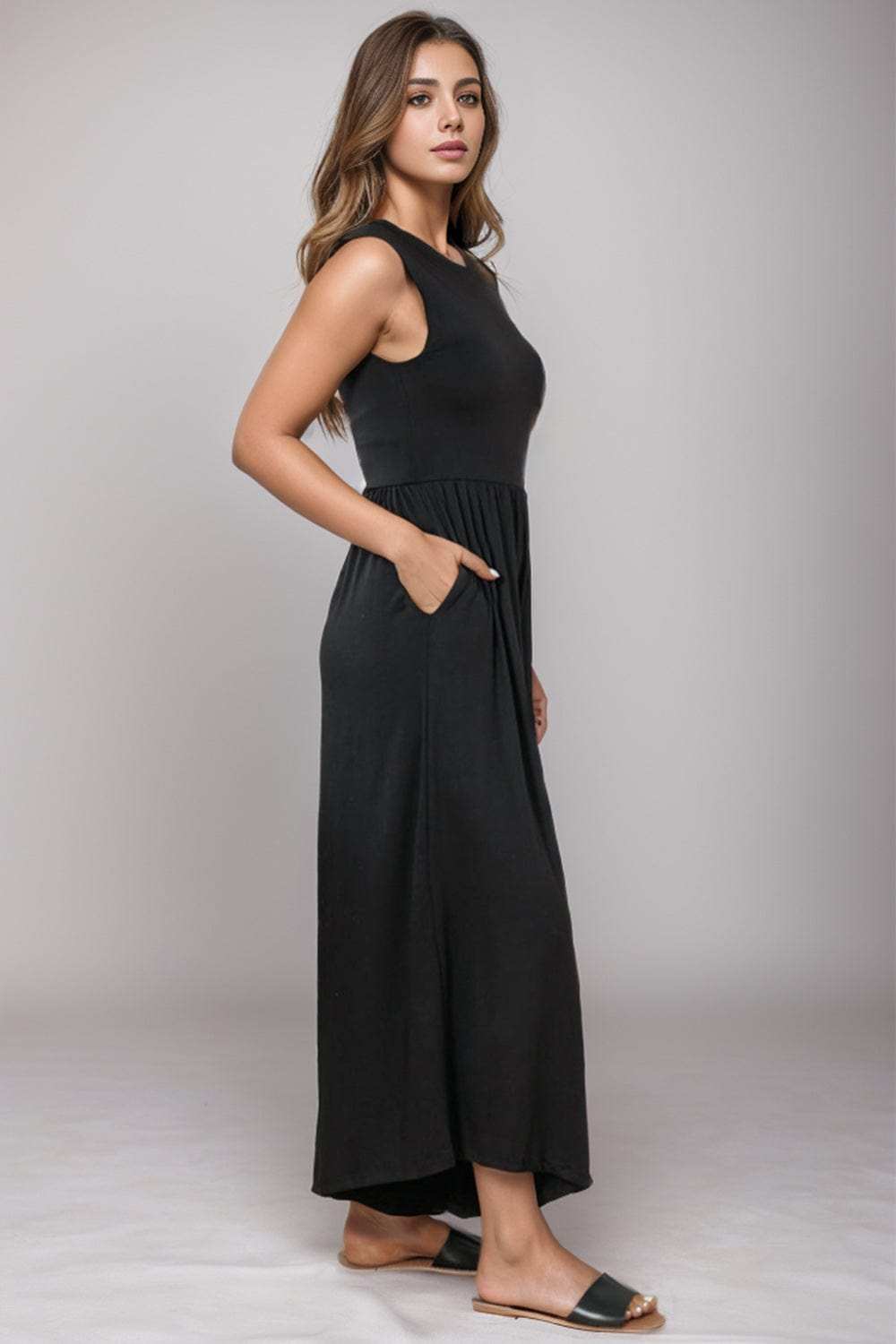 Round Neck Sleeveless Jumpsuit with Pockets - Trendsi - Flyclothing LLC