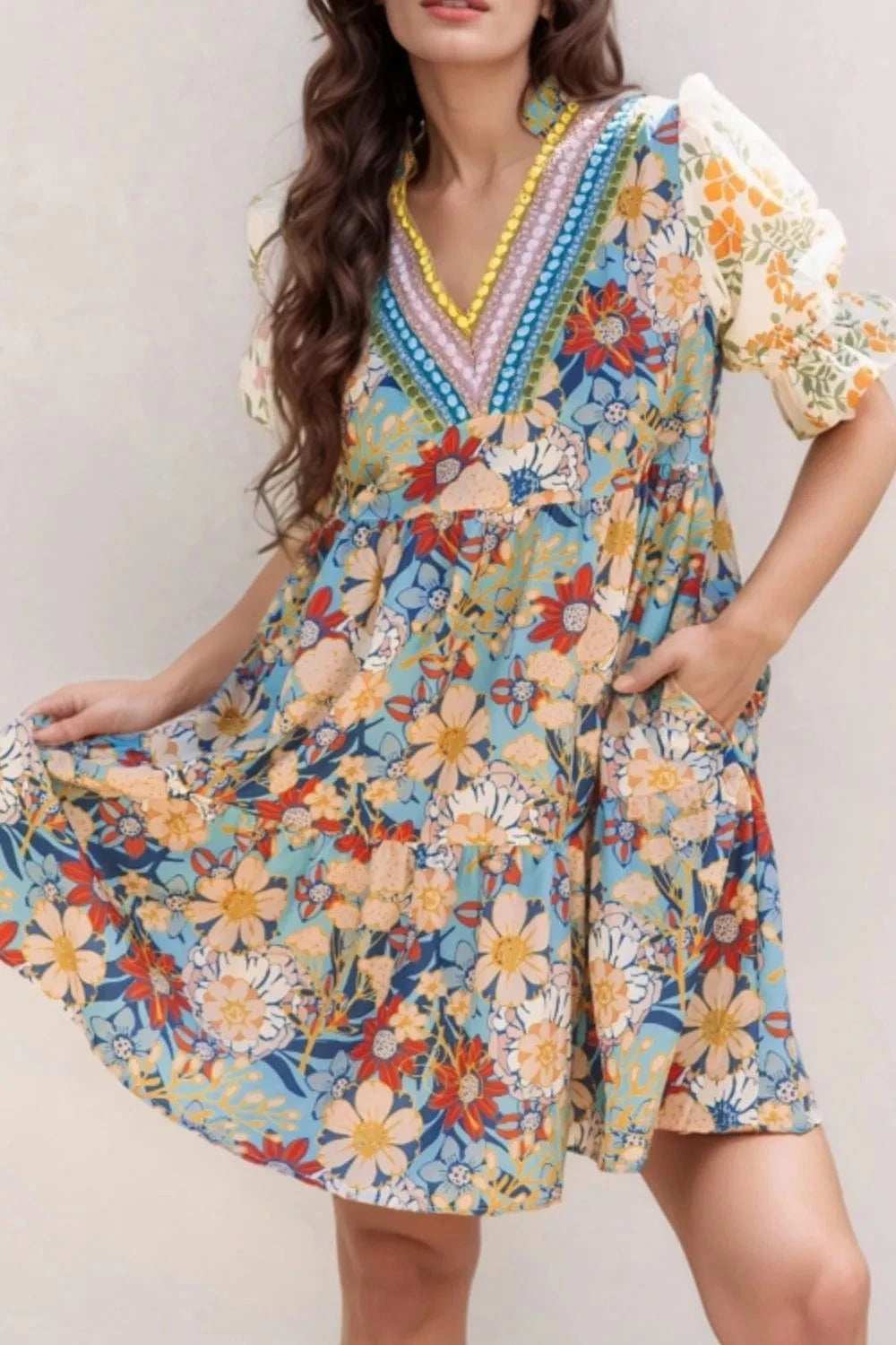 Printed Notched Flounce Sleeve Mini Dress - Trendsi - Flyclothing LLC