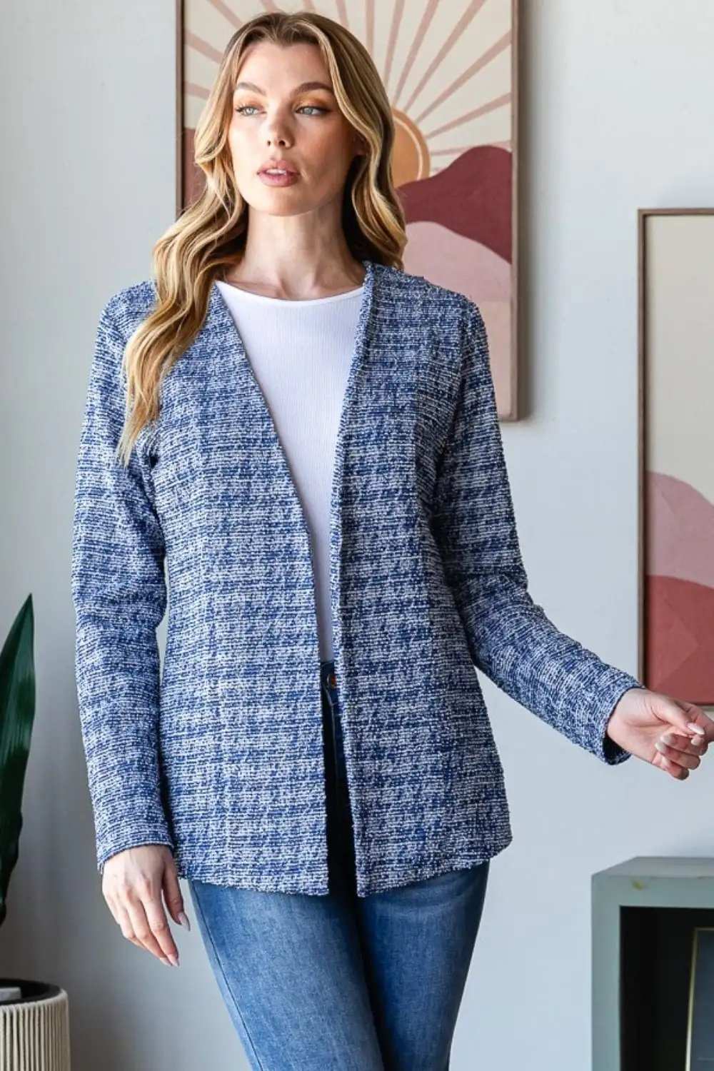 Heimish Full Size Houndstooth Tweed Open Front Blazer - Trendsi - Flyclothing LLC