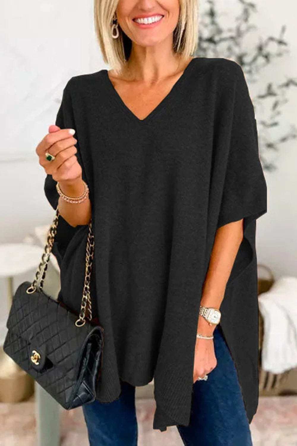 Slit V-Neck Half Sleeve Knit Top - Trendsi - Flyclothing LLC