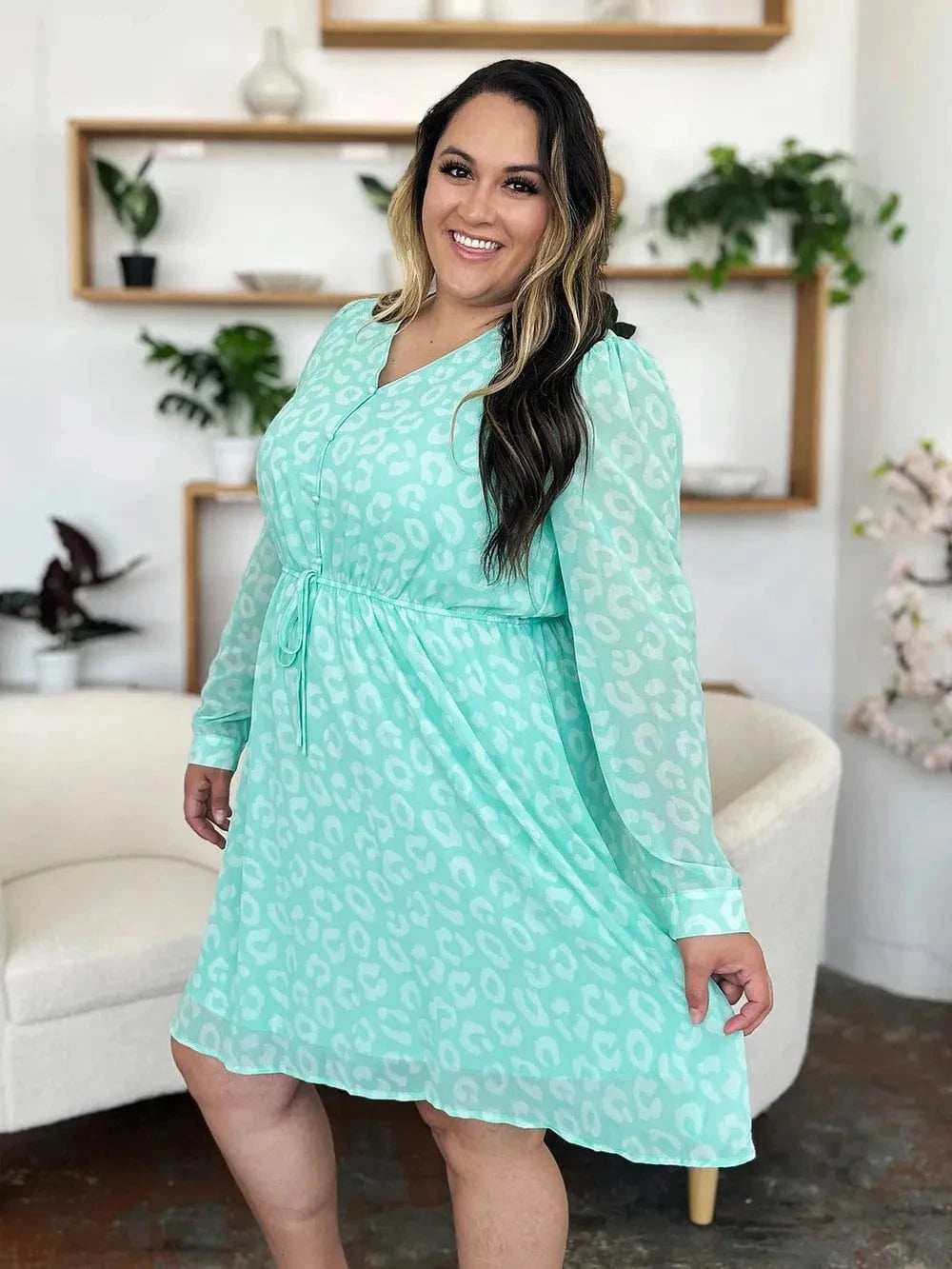 Double Take Full Size Printed Ruched V-Neck Long Sleeve Dress - Trendsi - Flyclothing LLC