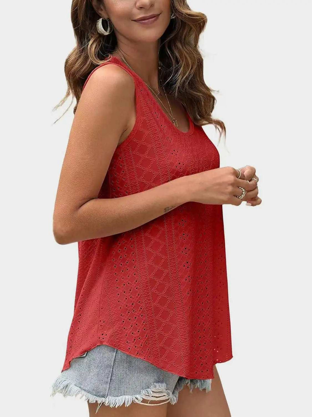 Florira Eyelet Round Neck Tank - Trendsi - Flyclothing LLC