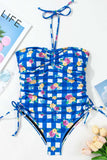 Floral Gingham Halter Neck Drawstring One Piece Swimwear - Trendsi - Flyclothing LLC