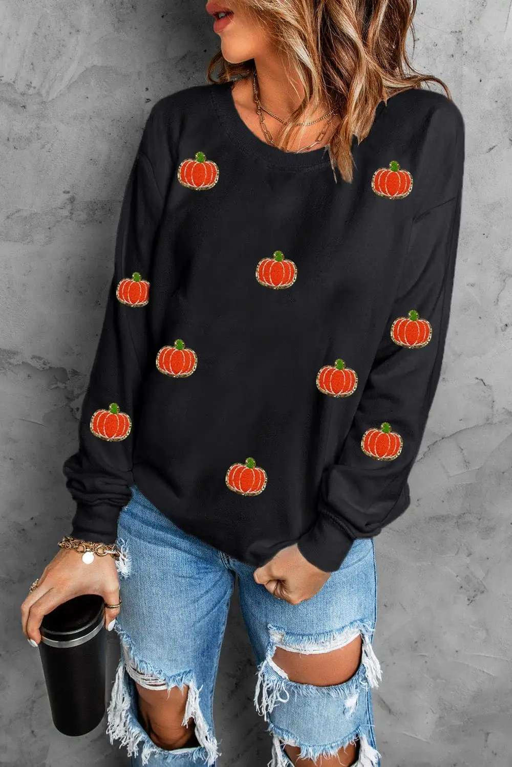 Pumpkin Round Neck Long Sleeve Sweatshirt - Trendsi - Flyclothing LLC