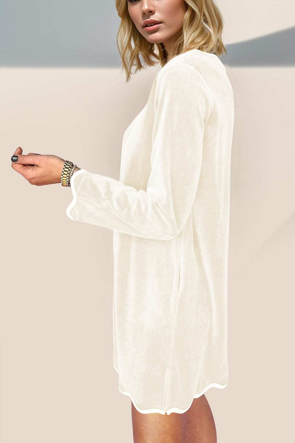 Double Take Wave Contrast Trim V-Neck Zip Up Long Sleeve Mini Dress - Trendsi - Flyclothing LLC