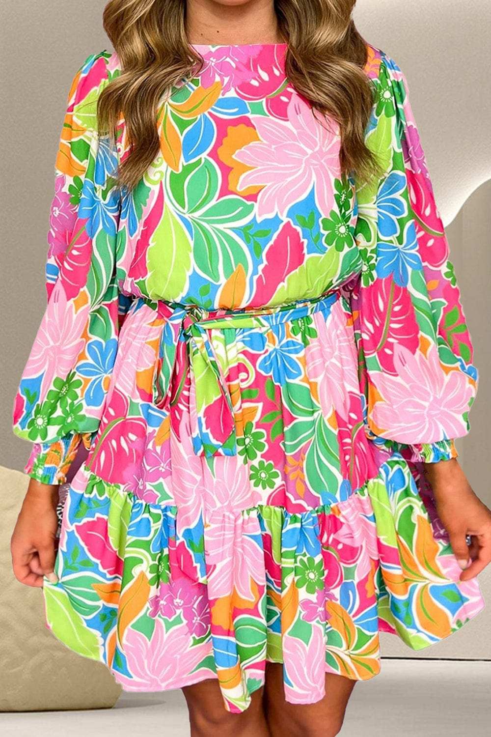 Printed Tie Waist Lantern Sleeve Mini Dress - Trendsi - Flyclothing LLC