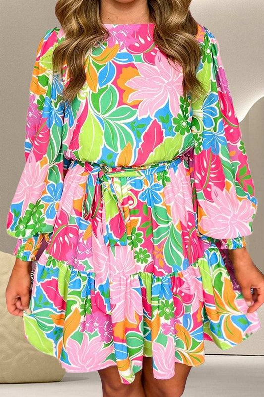 Printed Tie Waist Lantern Sleeve Mini Dress - Trendsi - Flyclothing LLC