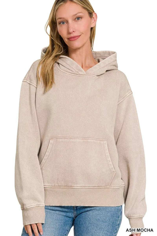 Zenana Fleece Acid Wash Kangaroo Pocket Hoodie - Trendsi - Flyclothing LLC