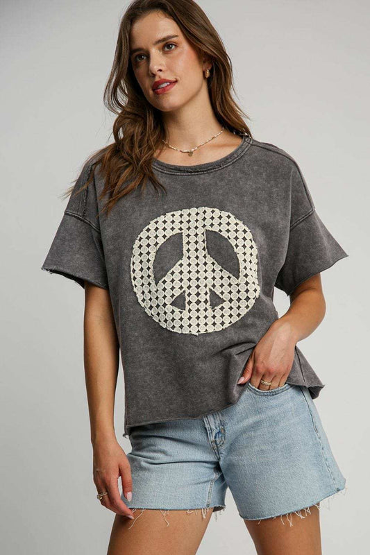 Umgee Full Size Mineral Wash T-Shirt with Lace Applique Plus Size - Trendsi - Flyclothing LLC