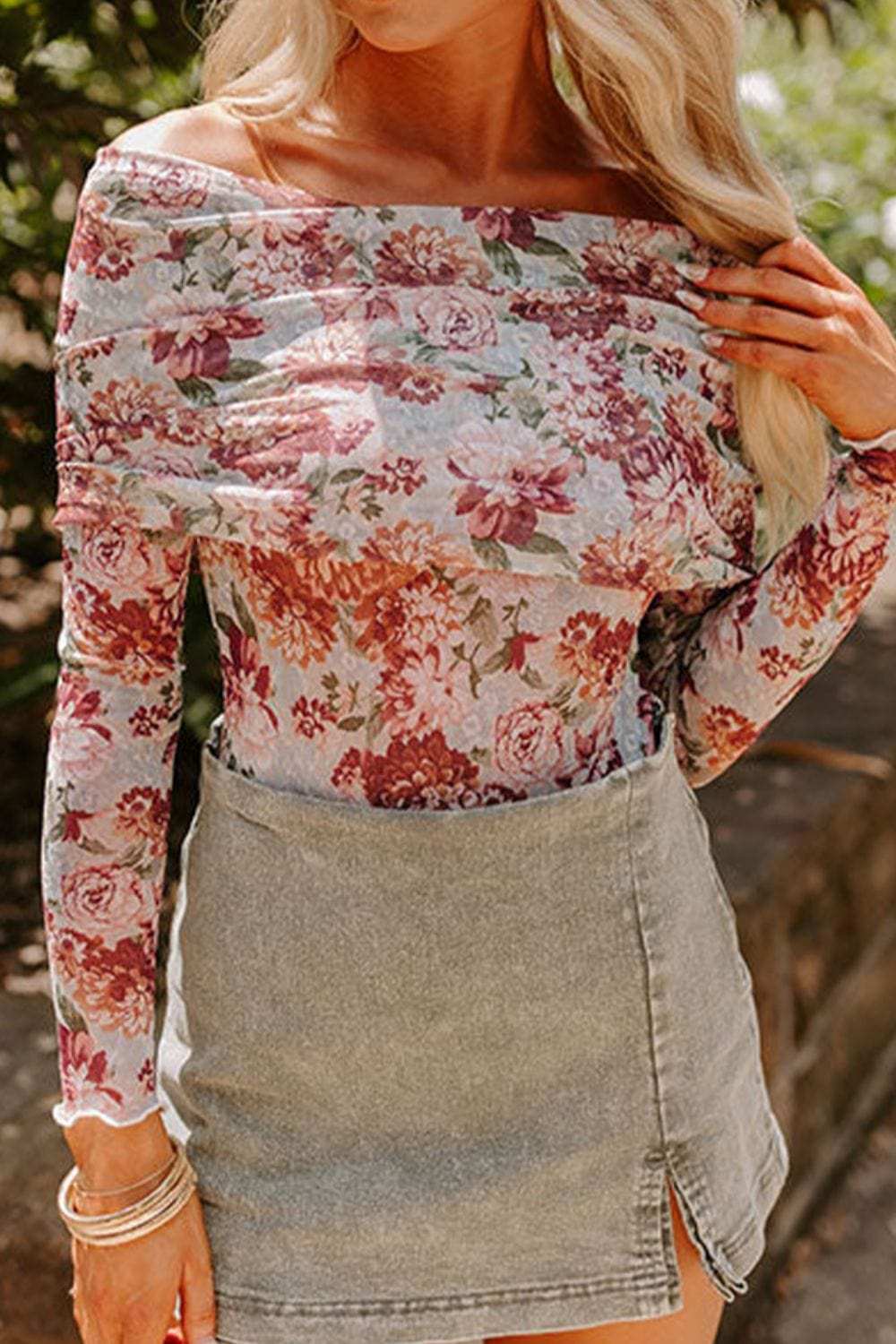 Floral Off-Shoulder Long Sleeve Bodysuit - Trendsi - Flyclothing LLC